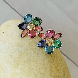 Swarovski Heritage Rhodium Plated Multicolored Flower Crystal Earrings